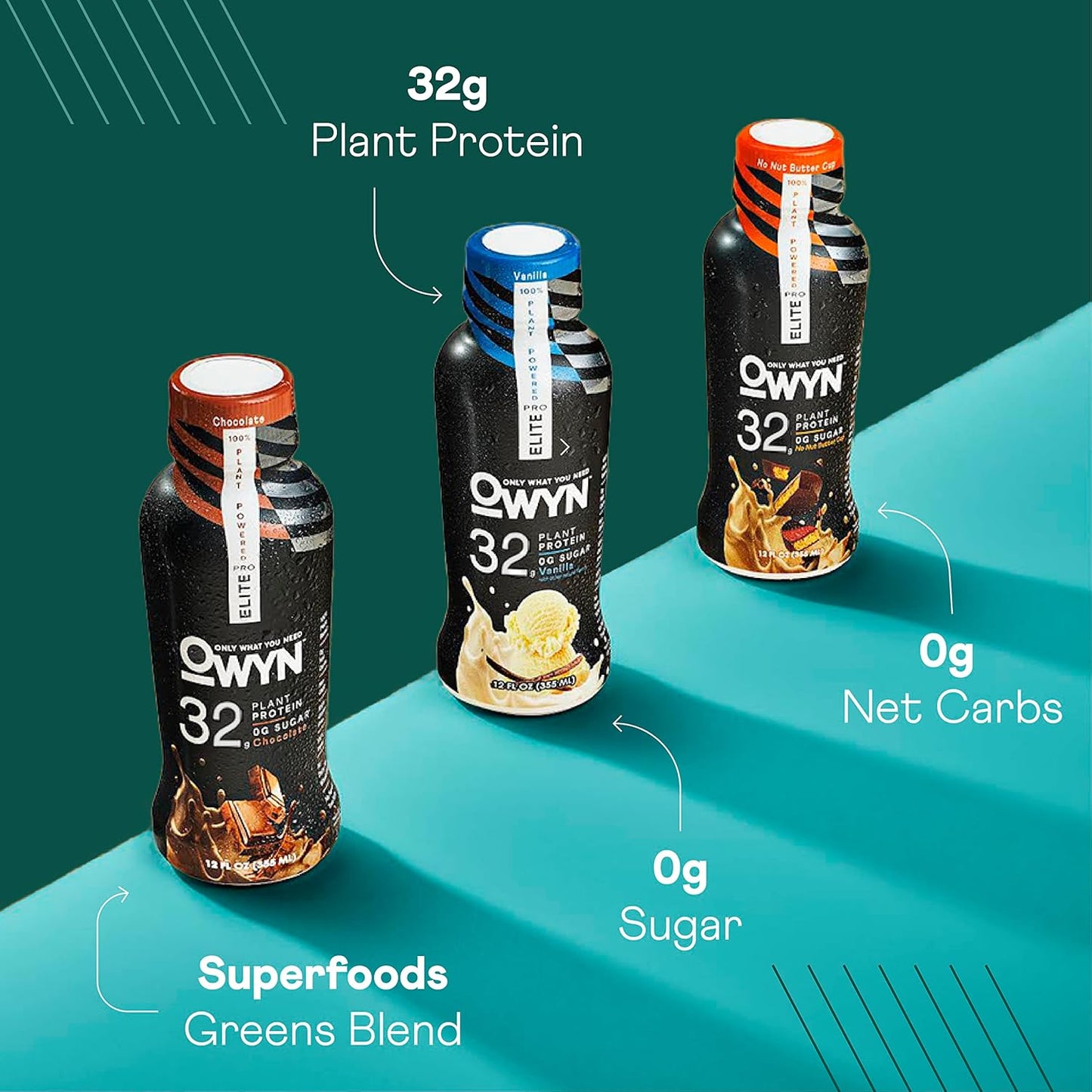 OWYN Pro Elite Vegan High Protein Keto Shake Variety Pack - 32g Protein, 9 Amino Acids, Omega-3, Prebiotics, Workout Recovery, 0g Net Carbs, Zero Sugar - 12 Fl Oz (Pack of 12)