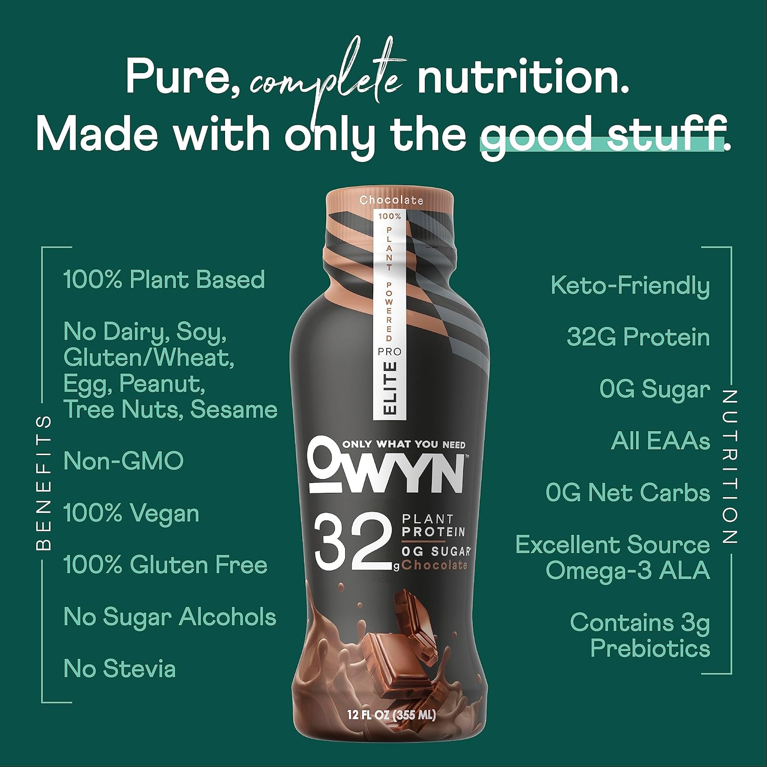 OWYN Pro Elite Vegan High Protein Keto Shake Variety Pack - 32g Protein, 9 Amino Acids, Omega-3, Prebiotics, Workout Recovery, 0g Net Carbs, Zero Sugar - 12 Fl Oz (Pack of 12)