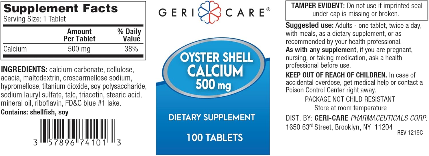 Oyster Shell Calcium 500mg Supplement for Bone Health - 100 Count