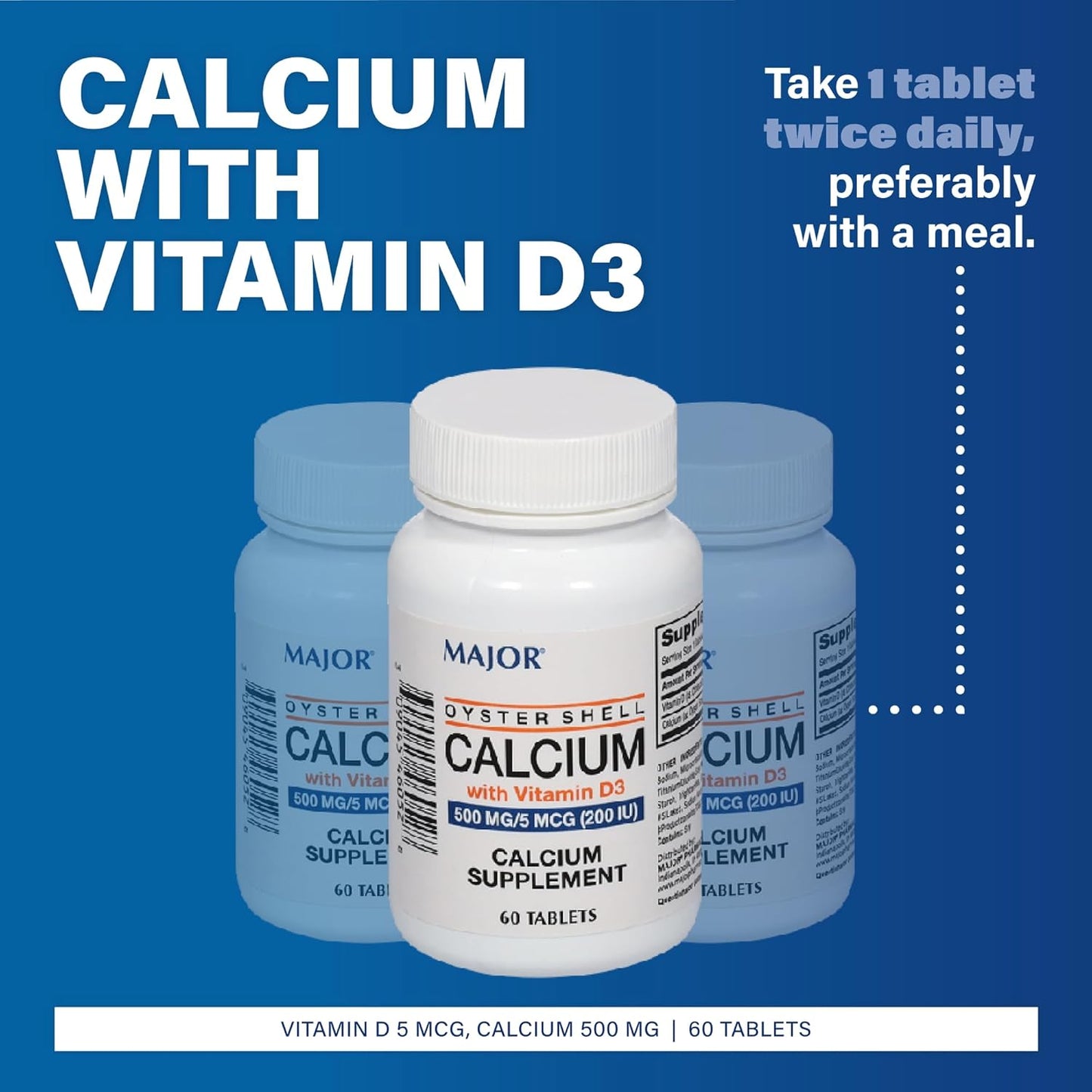 Oyster Shell Calcium Supplement with Vitamin D3 500 mg/5 mcg (200 IU) - 60 Tablets