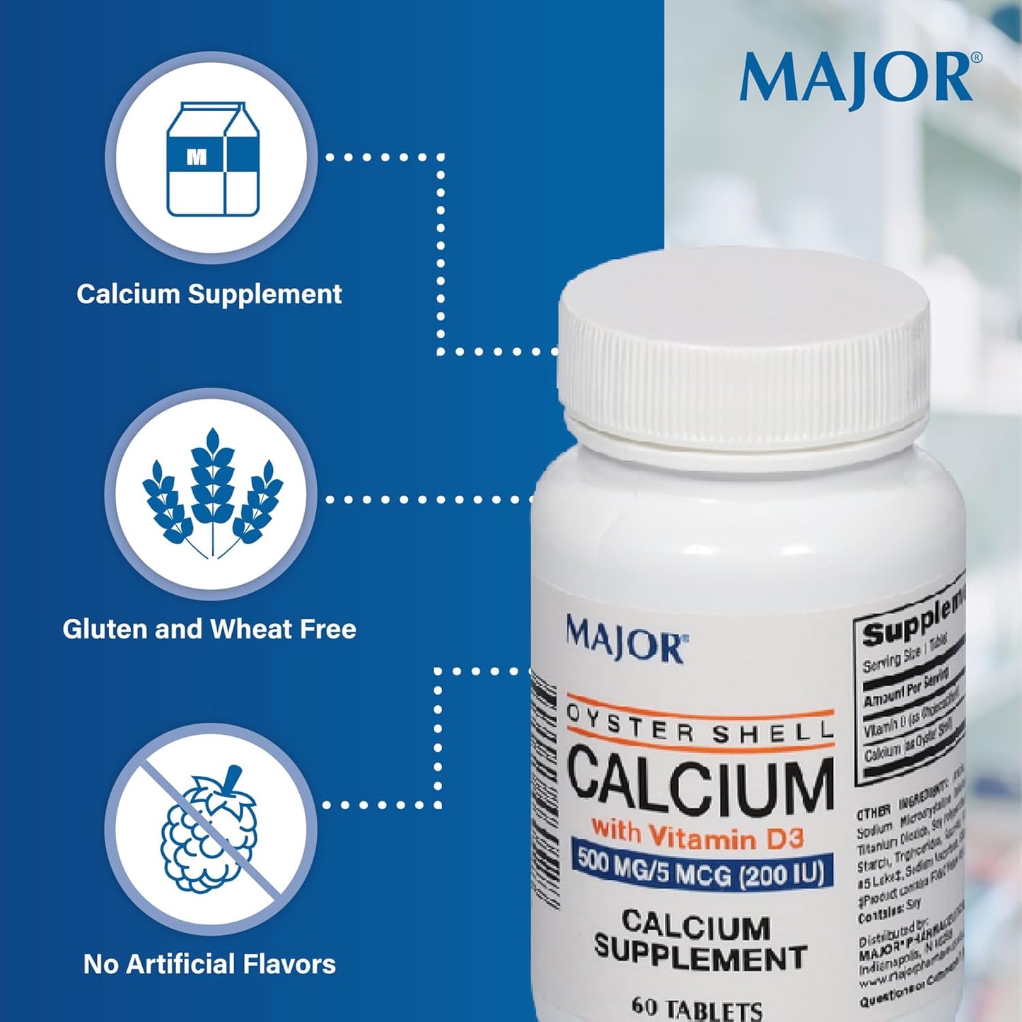 Oyster Shell Calcium Supplement with Vitamin D3 500 mg/5 mcg (200 IU) - 60 Tablets