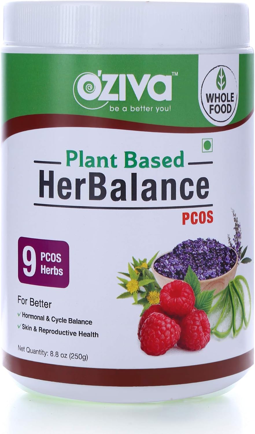 OZIVA HerBalance PCOS Powder with Inositol & Herbal Ingredients - 0.55 Lb (250 gm) for Hormone Balance & Cycle Regularity