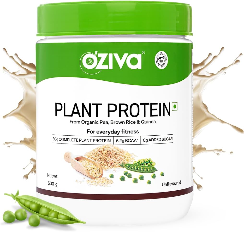 OZIVA Organic Plant Protein Powder - 500g (30g Vegan Protein Blend) for Fitness & Immunity Boost - Unflavored