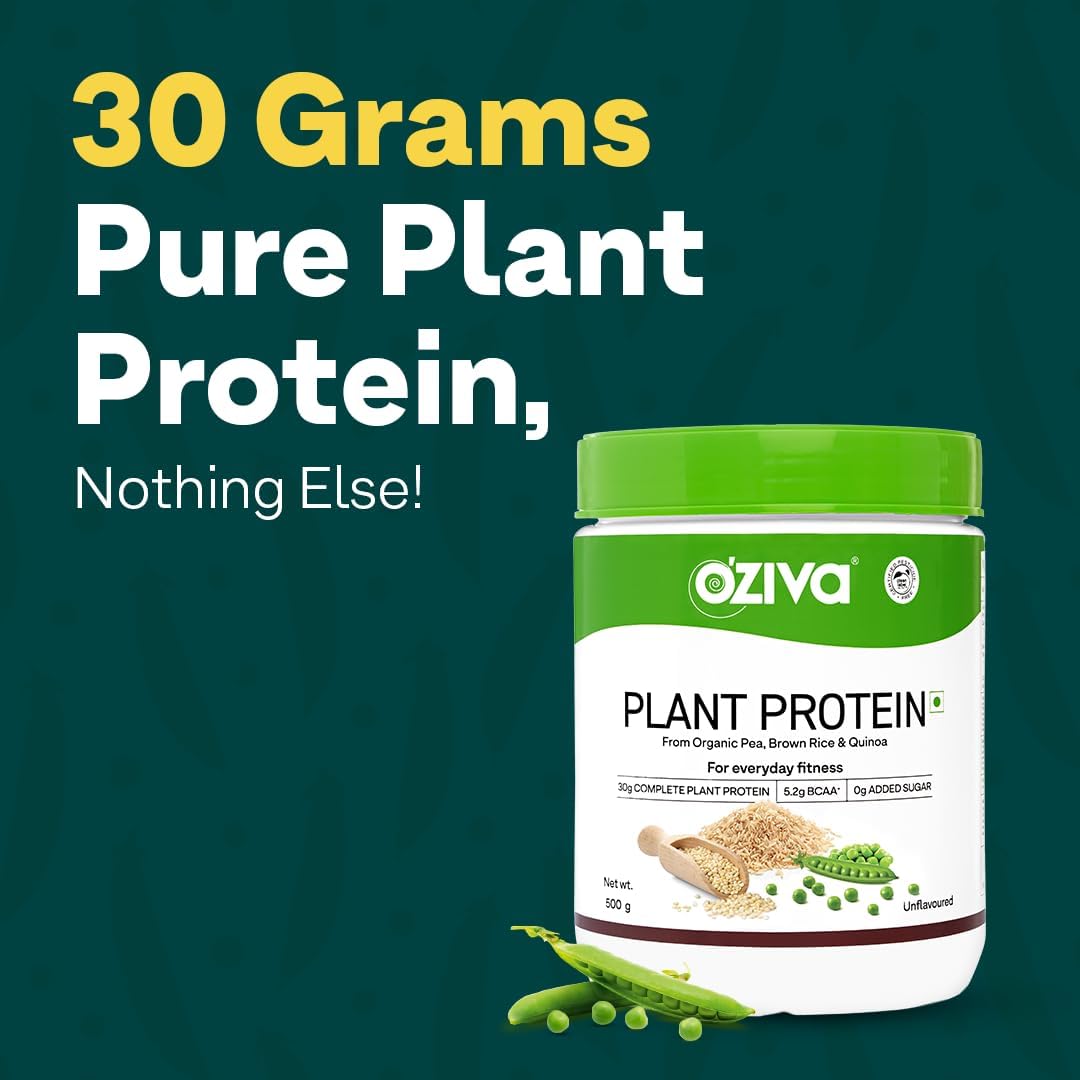 OZIVA Organic Plant Protein Powder - 500g (30g Vegan Protein Blend) for Fitness & Immunity Boost - Unflavored