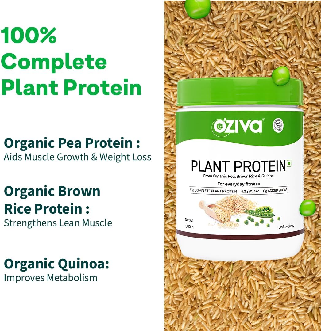 OZIVA Organic Plant Protein Powder - 500g (30g Vegan Protein Blend) for Fitness & Immunity Boost - Unflavored