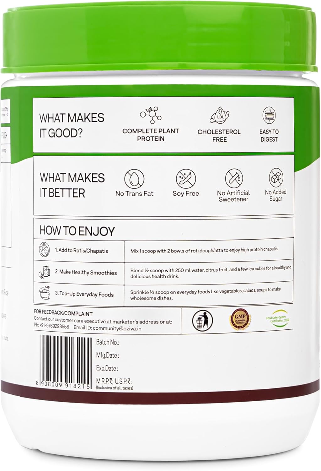 OZIVA Organic Plant Protein Powder - 500g (30g Vegan Protein Blend) for Fitness & Immunity Boost - Unflavored