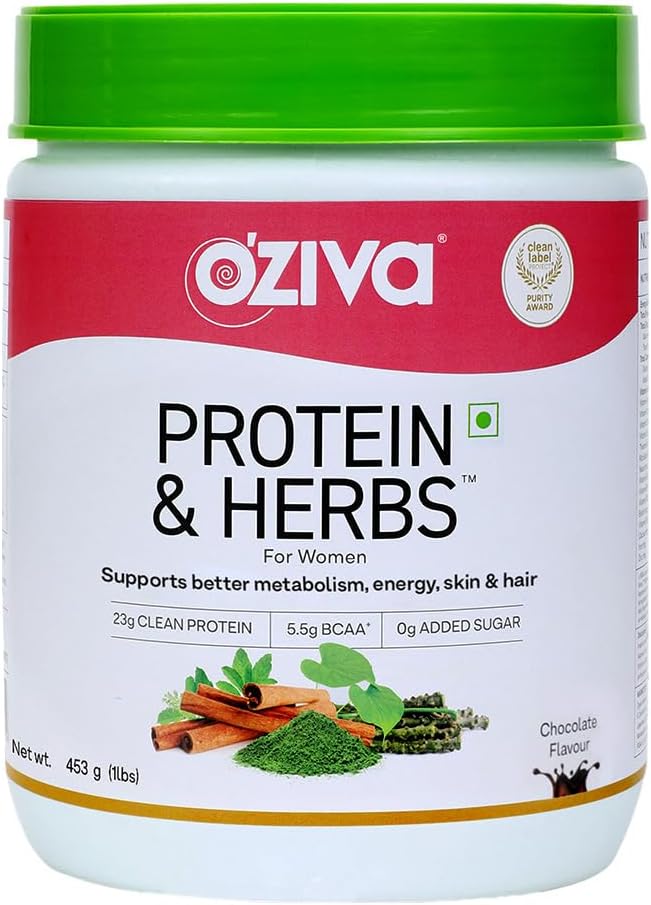 OZIVA Protein & Herbs for Women - 500g (16 Servings) with Multivitamins, Curcumin, Shatavari, Tulsi - Supports Metabolism, Hormonal Balance, Skin, Hair - 1.1lb