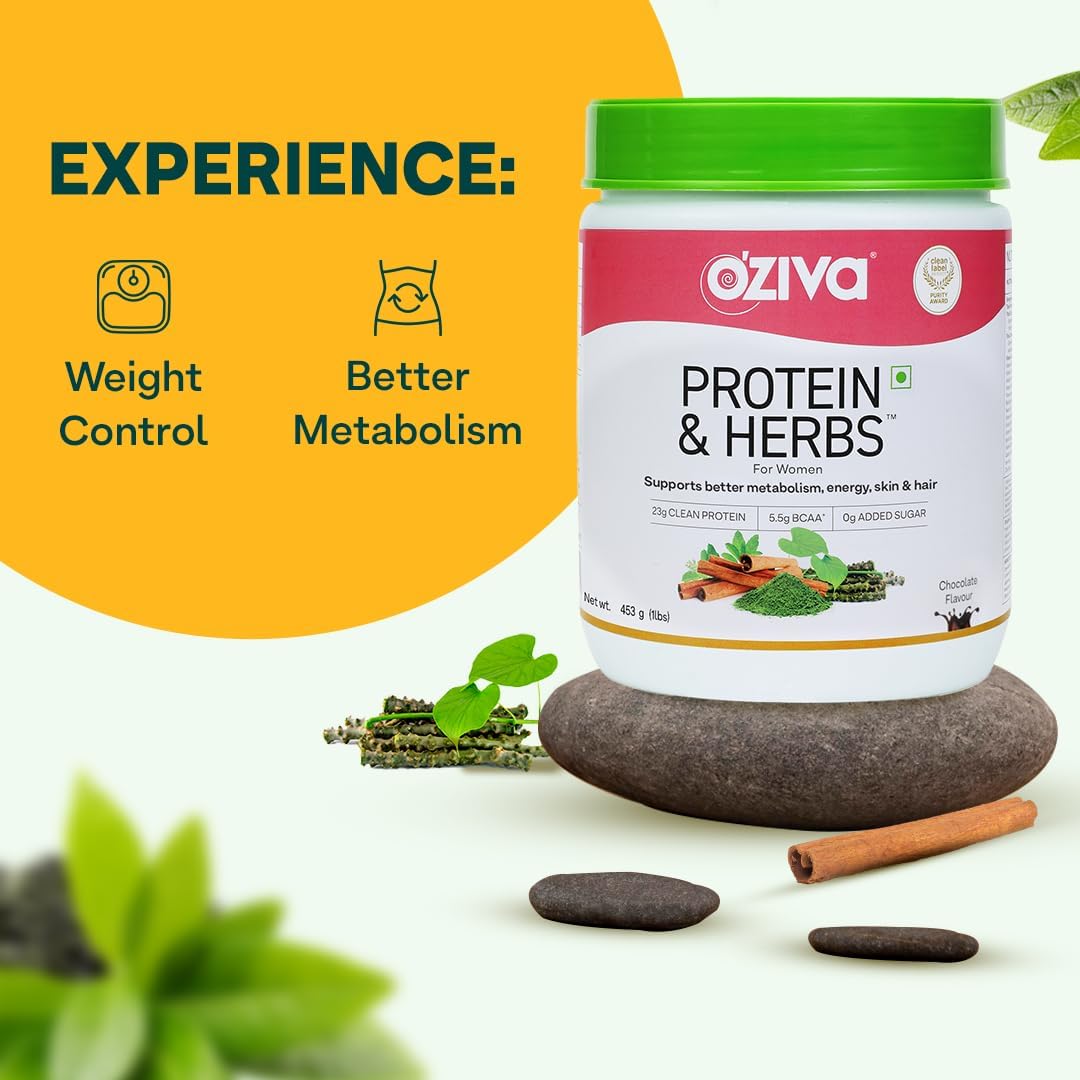 OZIVA Protein & Herbs for Women - 500g (16 Servings) with Multivitamins, Curcumin, Shatavari, Tulsi - Supports Metabolism, Hormonal Balance, Skin, Hair - 1.1lb