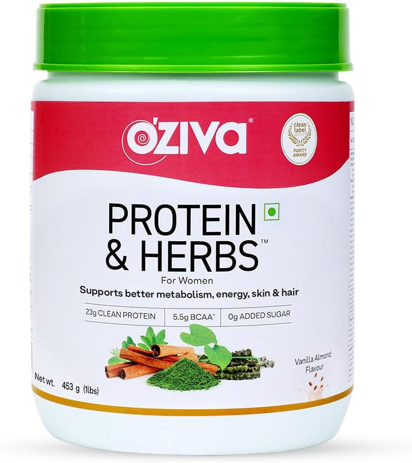 OZIVA Protein & Herbs for Women with Multivitamins, Curcumin, Shatavari, Tulsi for Improved Metabolism, Hormonal Balance, Skin & Hair Health - Vanilla Almond (500g)