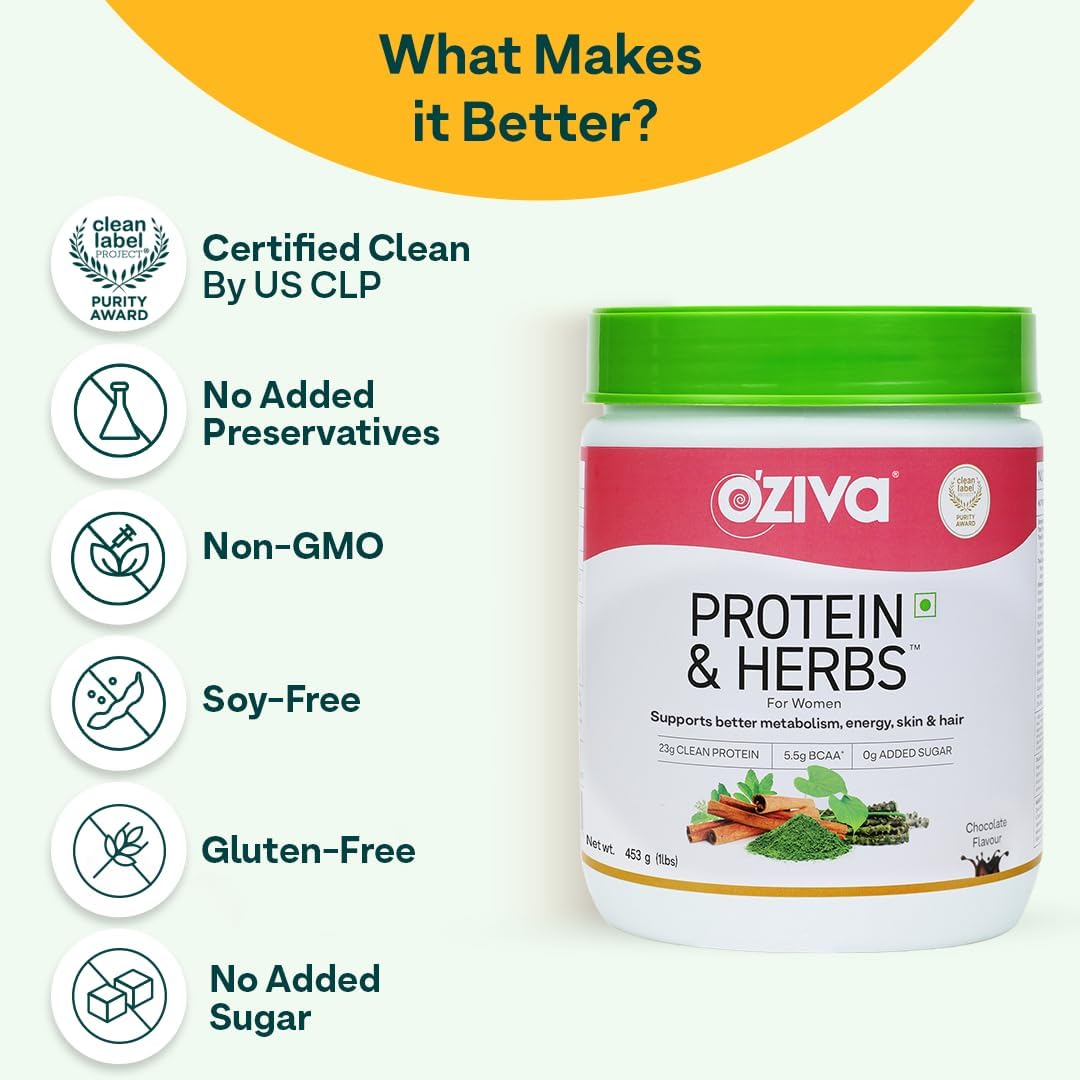 OZIVA Protein & Herbs for Women with Multivitamins, Curcumin, Shatavari, Tulsi for Improved Metabolism, Hormonal Balance, Skin & Hair Health - Vanilla Almond (500g)