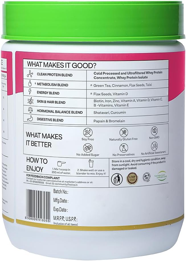 OZIVA Protein & Herbs for Women with Multivitamins, Curcumin, Shatavari, Tulsi for Improved Metabolism, Hormonal Balance, Skin & Hair Health - Vanilla Almond (500g)