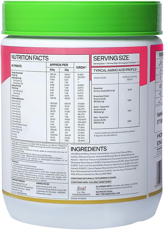 OZIVA Protein & Herbs for Women with Multivitamins, Curcumin, Shatavari, Tulsi for Improved Metabolism, Hormonal Balance, Skin & Hair Health - Vanilla Almond (500g)