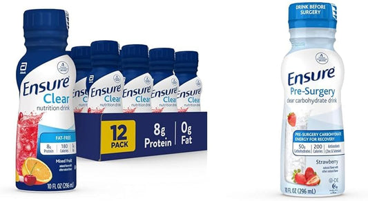 Pack of 12 Mixed Fruit Ensure Clear Nutrition Liquid Drinks with 0g Fat and 8g Protein + Pack of 4 Strawberry Ensure Pre-Surgery Clear Carbohydrate Drinks
