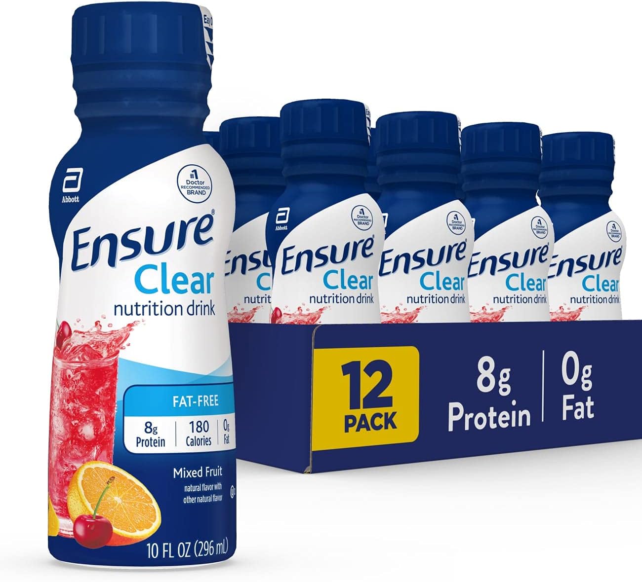 Pack of 12 Mixed Fruit Ensure Clear Nutrition Liquid Drinks with 0g Fat and 8g Protein + Pack of 4 Strawberry Ensure Pre-Surgery Clear Carbohydrate Drinks