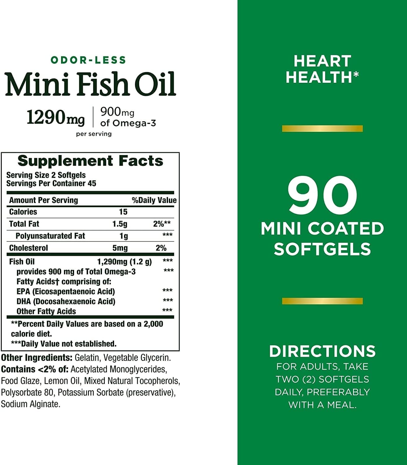Pack of 180 Nature's Bounty Mini Fish Oil Softgels 1290 mg Omega-3 for Heart Health, Odor-Less, Small Size