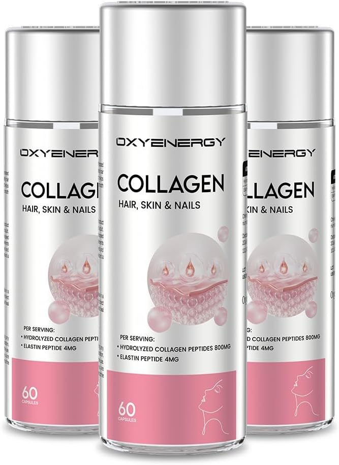 Pack of 180 OxyEnergy Collagen Peptides Capsules for Women - 800mg Hydrolyzed Collagen Supplements with Elastin Peptides - Promotes Hair, Nail, Skin Health
