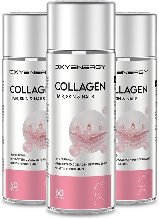 Pack of 180 OxyEnergy Collagen Peptides Capsules for Women - 800mg Hydrolyzed Collagen Supplements with Elastin Peptides - Promotes Hair, Nail, Skin Health
