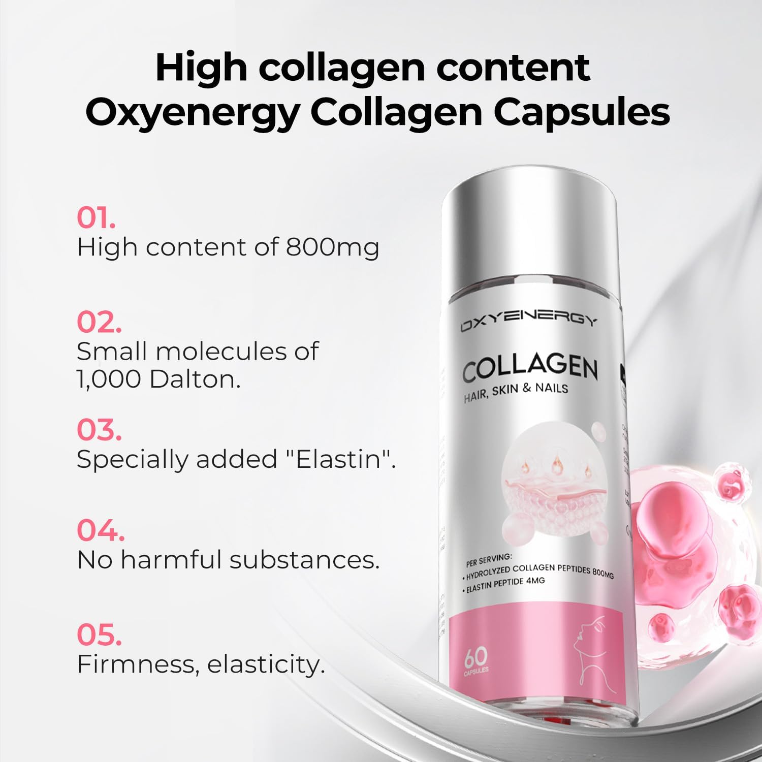 Pack of 180 OxyEnergy Collagen Peptides Capsules for Women - 800mg Hydrolyzed Collagen Supplements with Elastin Peptides - Promotes Hair, Nail, Skin Health