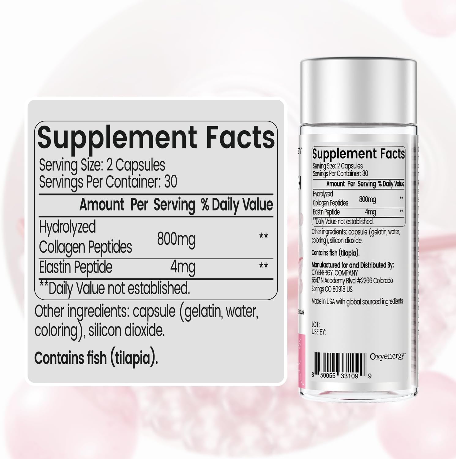 Pack of 180 OxyEnergy Collagen Peptides Capsules for Women - 800mg Hydrolyzed Collagen Supplements with Elastin Peptides - Promotes Hair, Nail, Skin Health