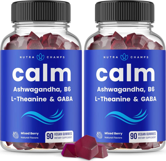 Pack of 180 Stress Relief Gummies with Ashwagandha, L-Theanine, GABA, Vitamin B6 & Lemon Balm - NutraChamps Calm Gummies