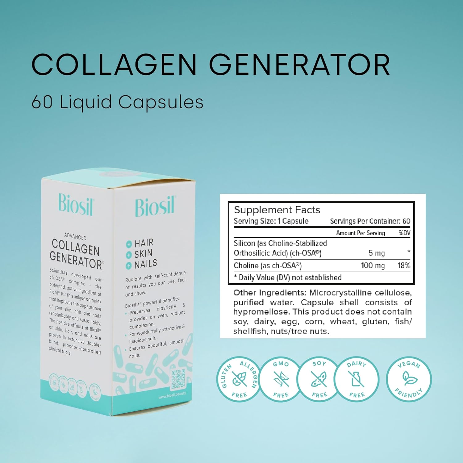 Pack of 2 Biosil Collagen Generator Liquid Capsules with Patented ch-OSA Complex - Generate & Protect Collagen - GMO Free - 60-Day Supply