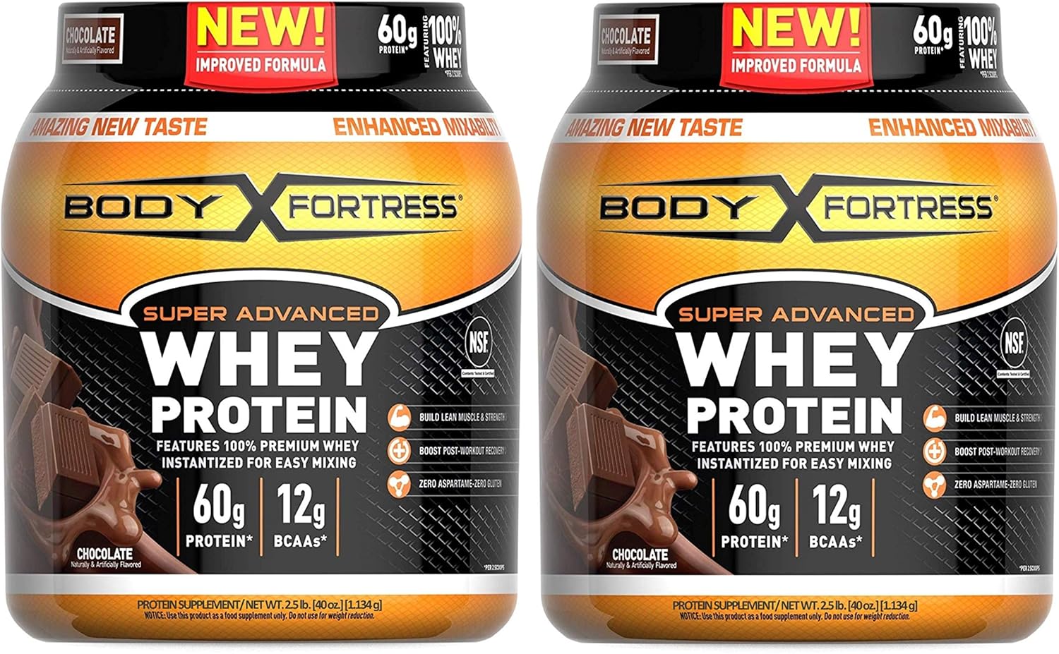 Pack of 2 Body Fortress Super Advanced Whey Protein Powder, Chocolate Flavor, 2 Pound Each, Gluten Free