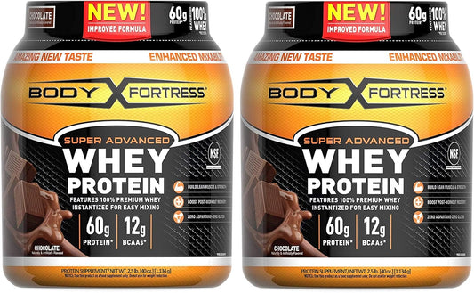 Pack of 2 Body Fortress Super Advanced Whey Protein Powder, Chocolate Flavor, 2 Pound Each, Gluten Free