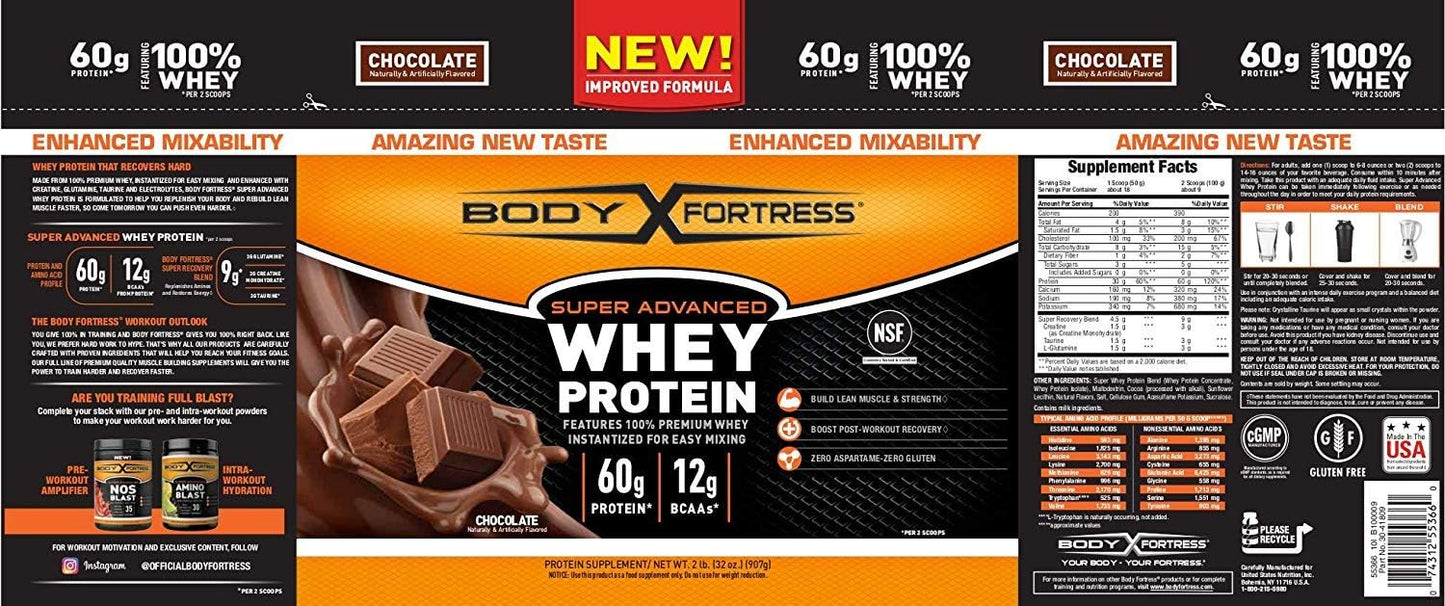 Pack of 2 Body Fortress Super Advanced Whey Protein Powder, Chocolate Flavor, 2 Pound Each, Gluten Free