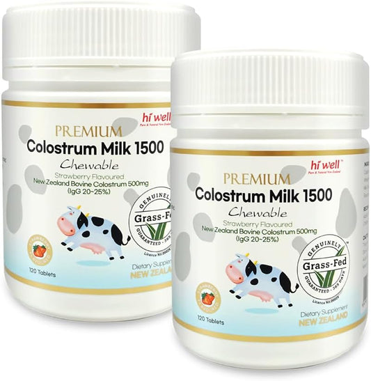 Pack of 2 Hi Well Premium Grass-Fed Colostrum Milk 1500 Tablets - Pure & Natural New Zealand Formula