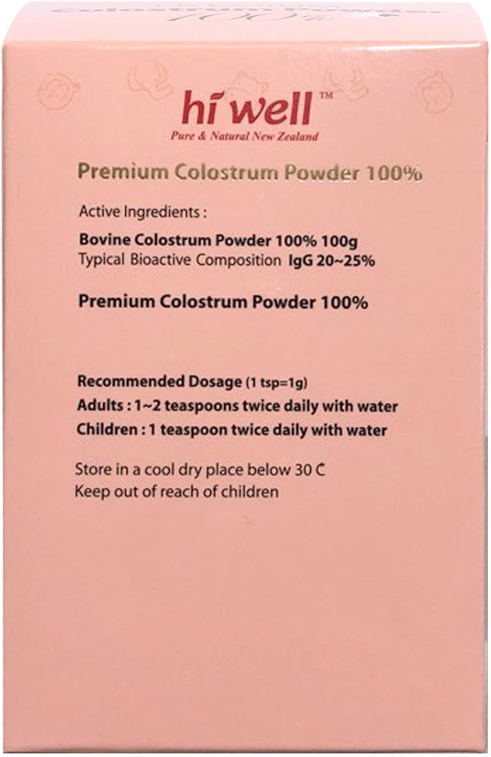 Pack of 2 Hi Well Premium Pure New Zealand Bovine Grass-Fed Colostrum Powder 100% Natural 100g
