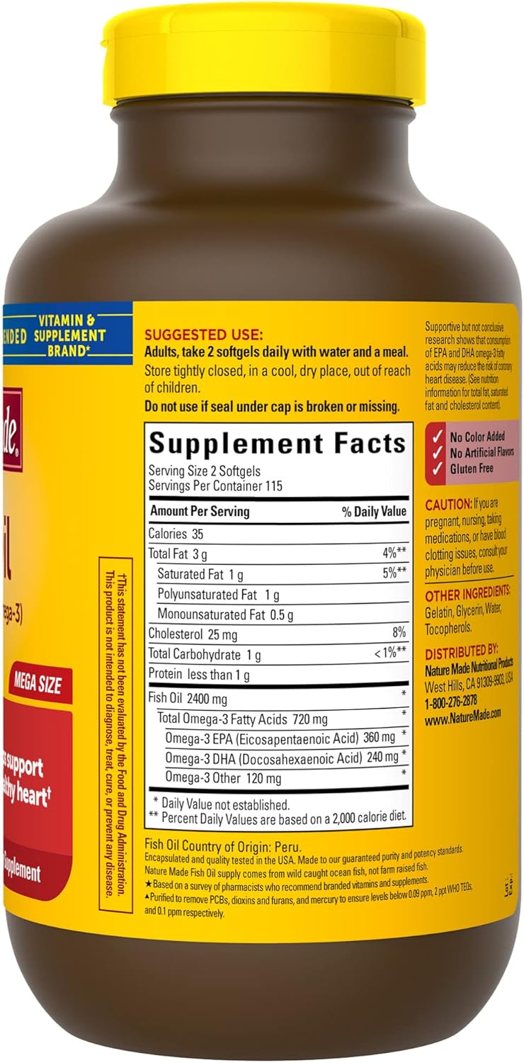 Pack of 2 Nature Made Fish Oil Softgels - Omega 3 Supplement for Heart Health, 230 Softgels, 115 Day Supply