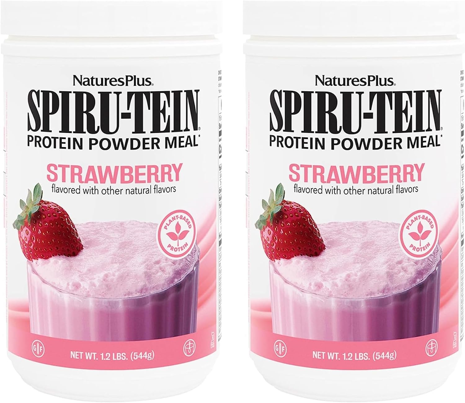 Pack of 2 Natures Plus SPIRU-TEIN Strawberry Plant-Based Protein Shake 1.2 lbs - Non-GMO, Vegetarian, Gluten Free - 32 Servings