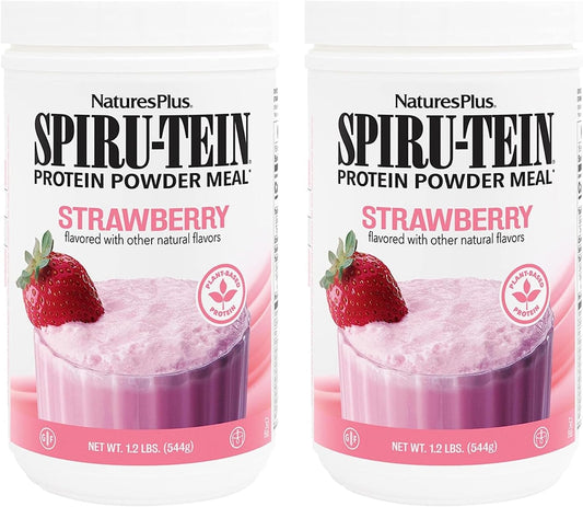 Pack of 2 Natures Plus SPIRU-TEIN Strawberry Plant-Based Protein Shake 1.2 lbs - Non-GMO, Vegetarian, Gluten Free - 32 Servings