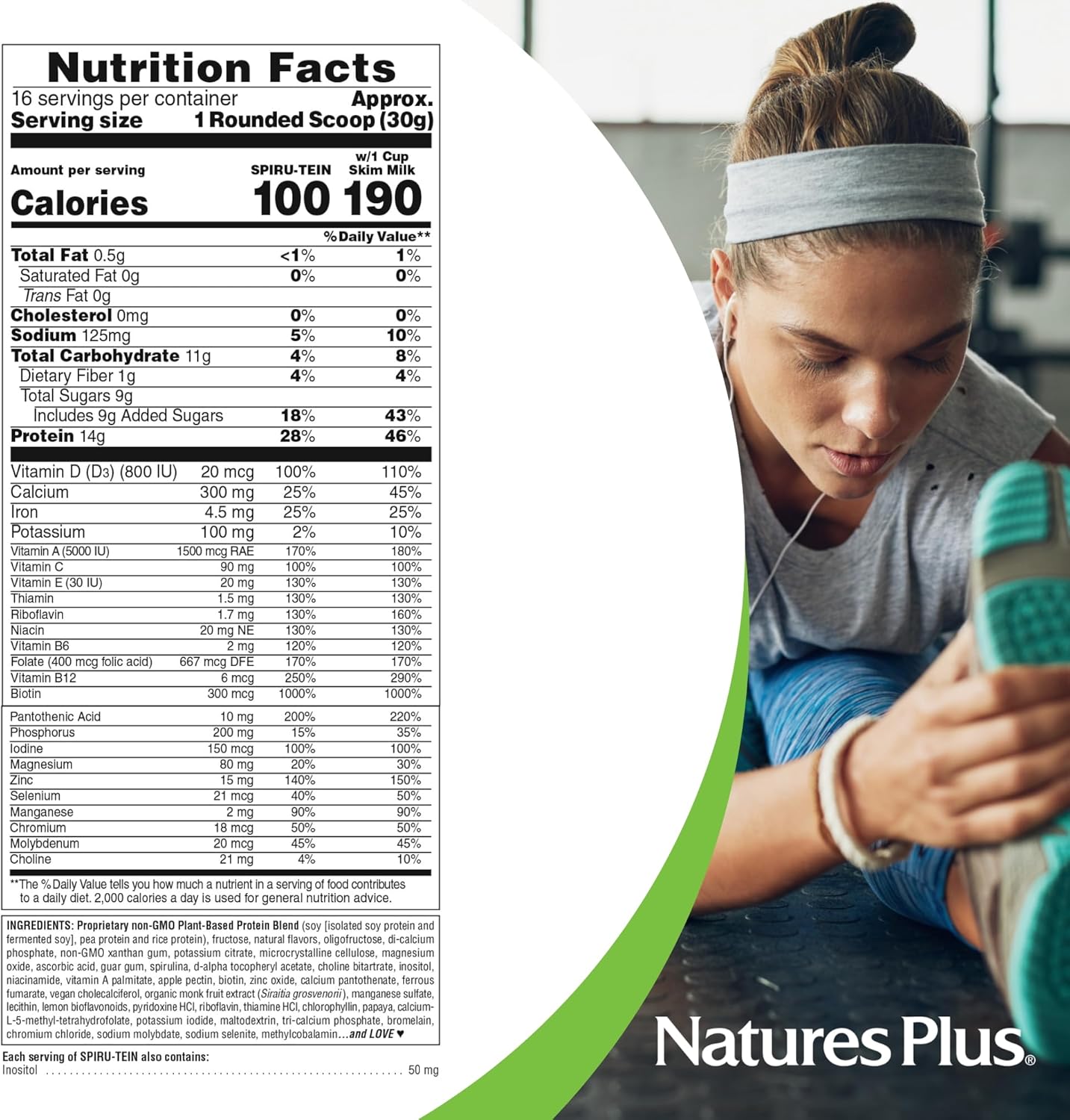 Pack of 2 Natures Plus SPIRU-TEIN Vanilla Plant-Based Protein Powder - 1.06 lbs - 32 Servings - Vegetarian, Gluten-Free
