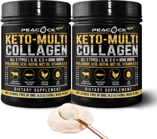Pack of 2 Peacock Max Keto Multi Collagen Peptides 16.2 oz - Unflavored Bone Broth Protein Powder with MCT Oil for Joint, Skin, Hair & Gut Health