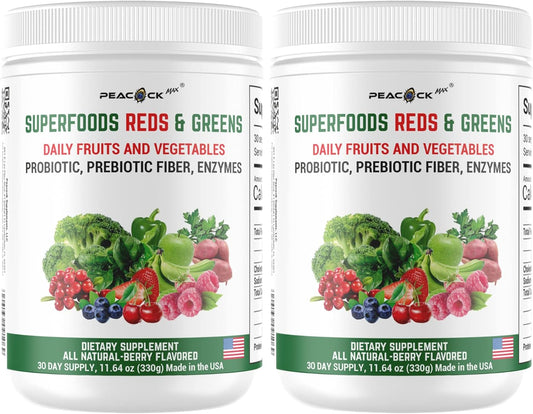 Pack of 2 Peacock Max Superfood Reds & Greens Powder - 11.64 oz Each - Prebiotics, Probiotics, Ashwagandha, Immunity Boost - Vegan, Antioxidant-rich Super Greens Powder