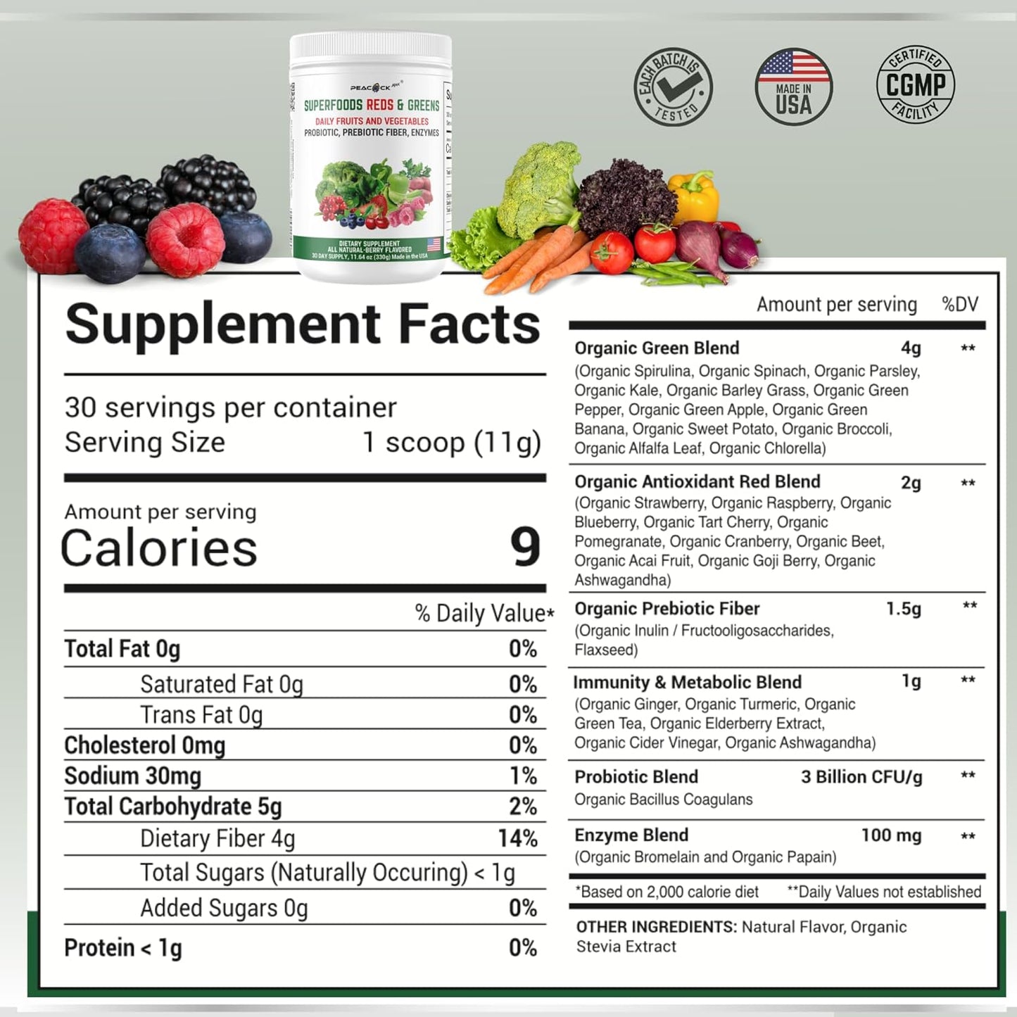 Pack of 2 Peacock Max Superfood Reds & Greens Powder - 11.64 oz Each - Prebiotics, Probiotics, Ashwagandha, Immunity Boost - Vegan, Antioxidant-rich Super Greens Powder