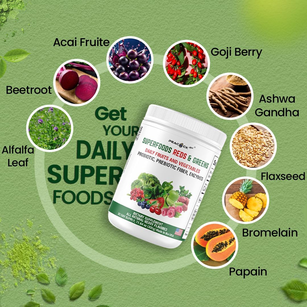 Pack of 2 Peacock Max Superfood Reds & Greens Powder - 11.64 oz Each - Prebiotics, Probiotics, Ashwagandha, Immunity Boost - Vegan, Antioxidant-rich Super Greens Powder
