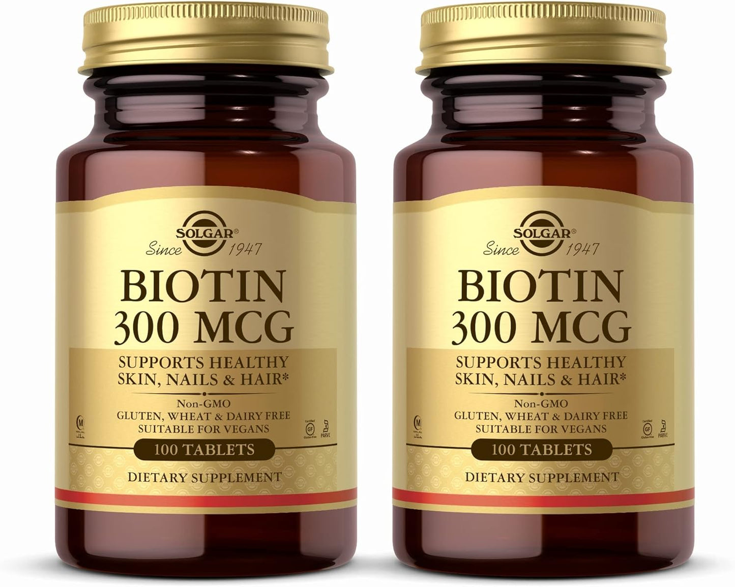 Pack of 2 Solgar Biotin 300 mcg Tablets - Supports Skin, Nails & Hair - Non-GMO, Vegan, Gluten Free - 200 Servings