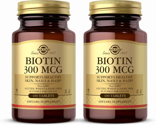 Pack of 2 Solgar Biotin 300 mcg Tablets - Supports Skin, Nails & Hair - Non-GMO, Vegan, Gluten Free - 200 Servings