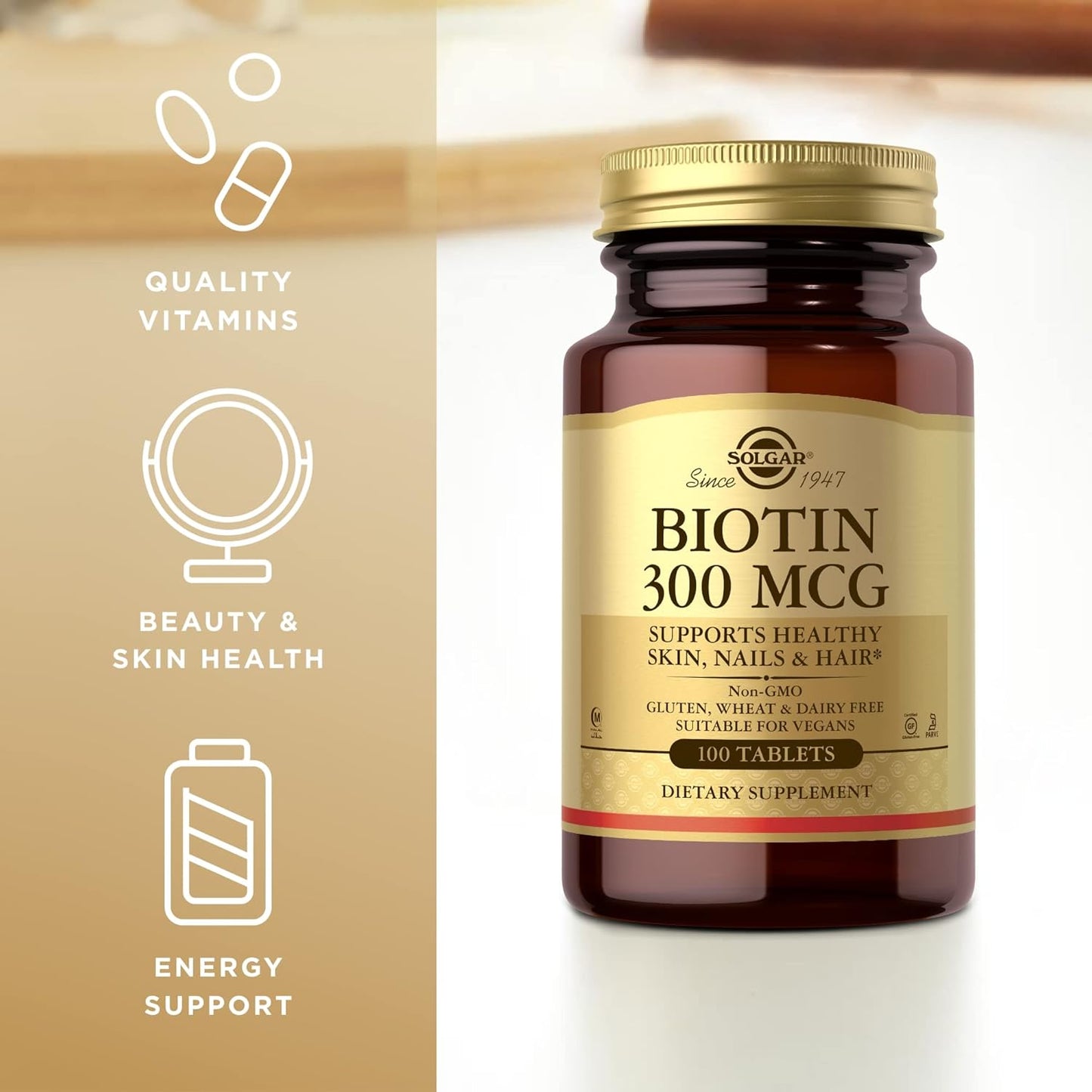 Pack of 2 Solgar Biotin 300 mcg Tablets - Supports Skin, Nails & Hair - Non-GMO, Vegan, Gluten Free - 200 Servings