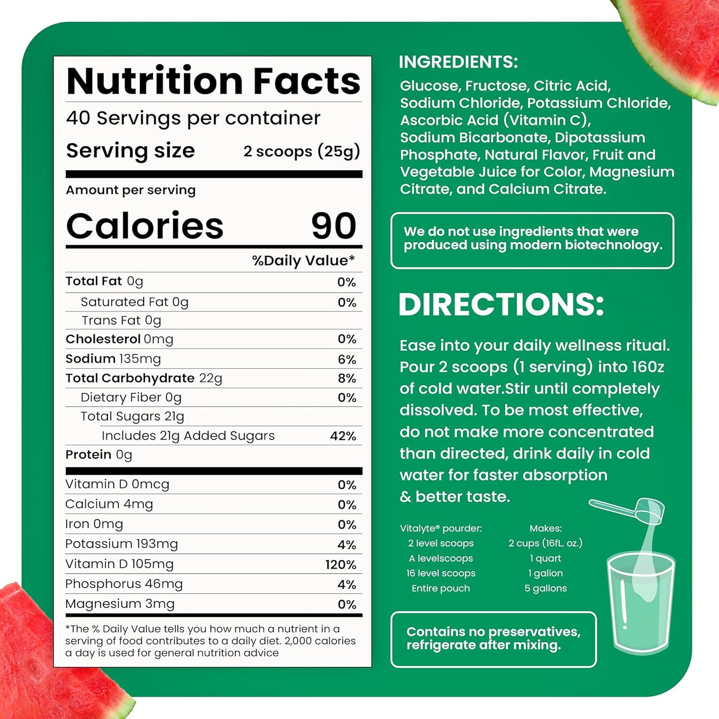 Pack of 2 Vitalyte Isotonic Electrolyte Powder Drink Mix, Gluten Free Post Workout Hydration, 35 oz Each, Watermelon Flavor