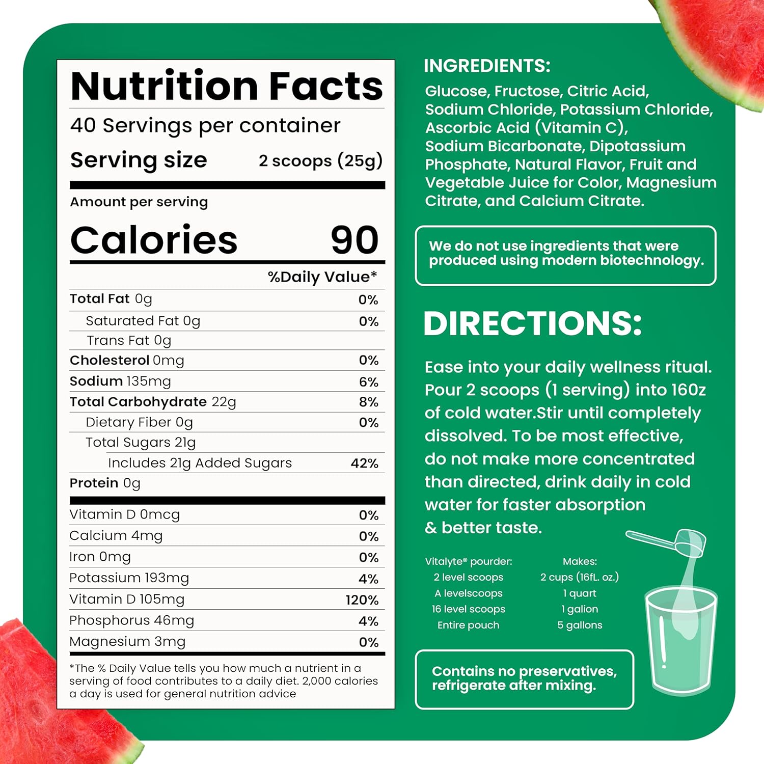 Pack of 2 Vitalyte Isotonic Electrolyte Powder Drink Mix, Gluten Free Post Workout Hydration, 35 oz Each, Watermelon Flavor