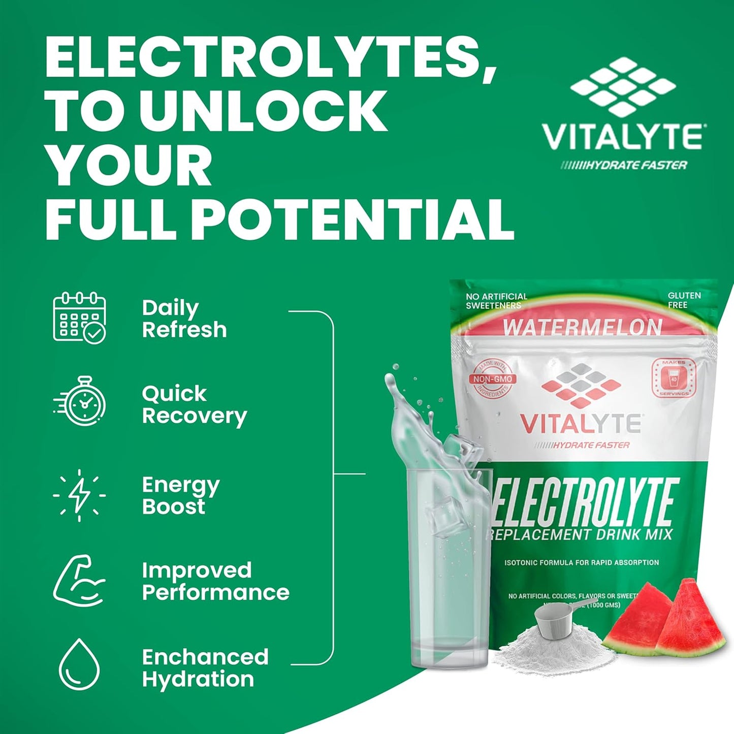 Pack of 2 Vitalyte Isotonic Electrolyte Powder Drink Mix, Gluten Free Post Workout Hydration, 35 oz Each, Watermelon Flavor