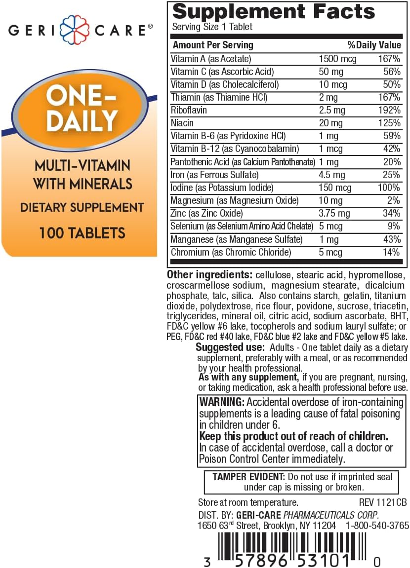 Pack of 200 GeriCare One-Daily Multi-Vitamin & Minerals Tablets for Dietary Supplement