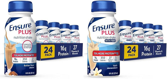Pack of 24 Ensure Plus Nutrition Shakes with 16g Protein, Vanilla Flavor, 8 Fl Oz Bottle, Including Fiber
