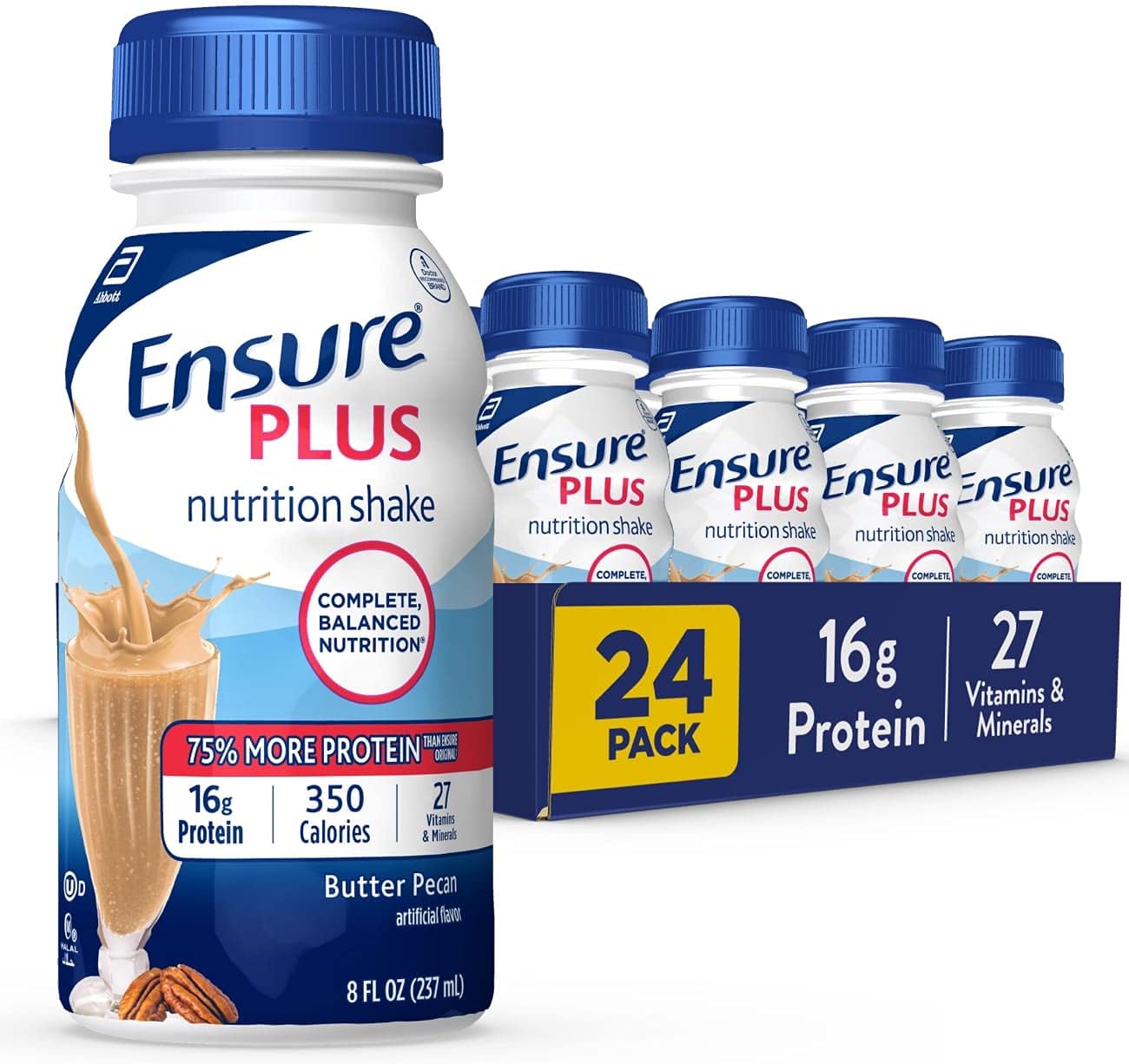 Pack of 24 Ensure Plus Nutrition Shakes with 16g Protein, Vanilla Flavor, 8 Fl Oz Bottle, Including Fiber