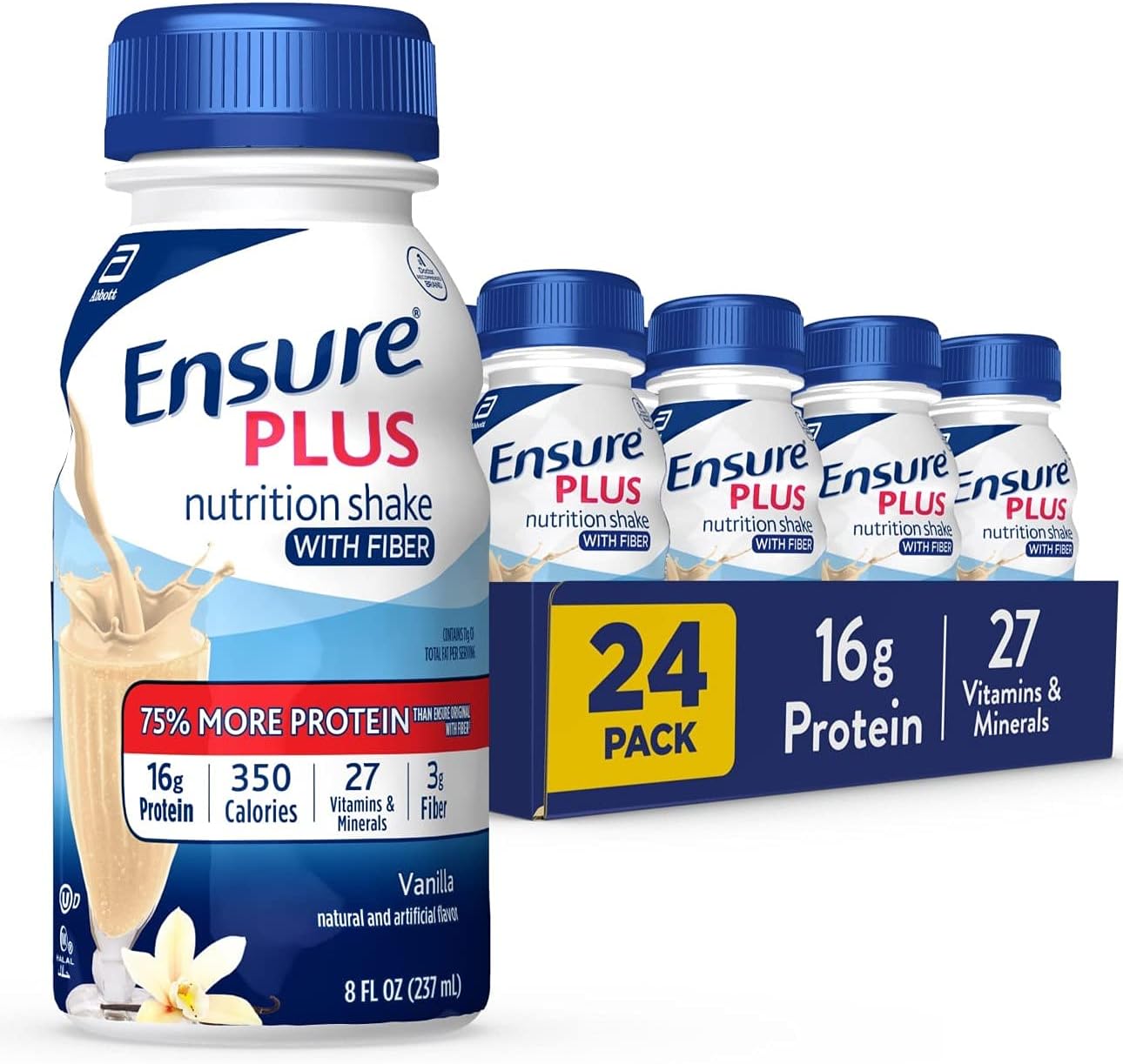 Pack of 24 Ensure Plus Nutrition Shakes with 16g Protein, Vanilla Flavor, 8 Fl Oz Bottle, Including Fiber