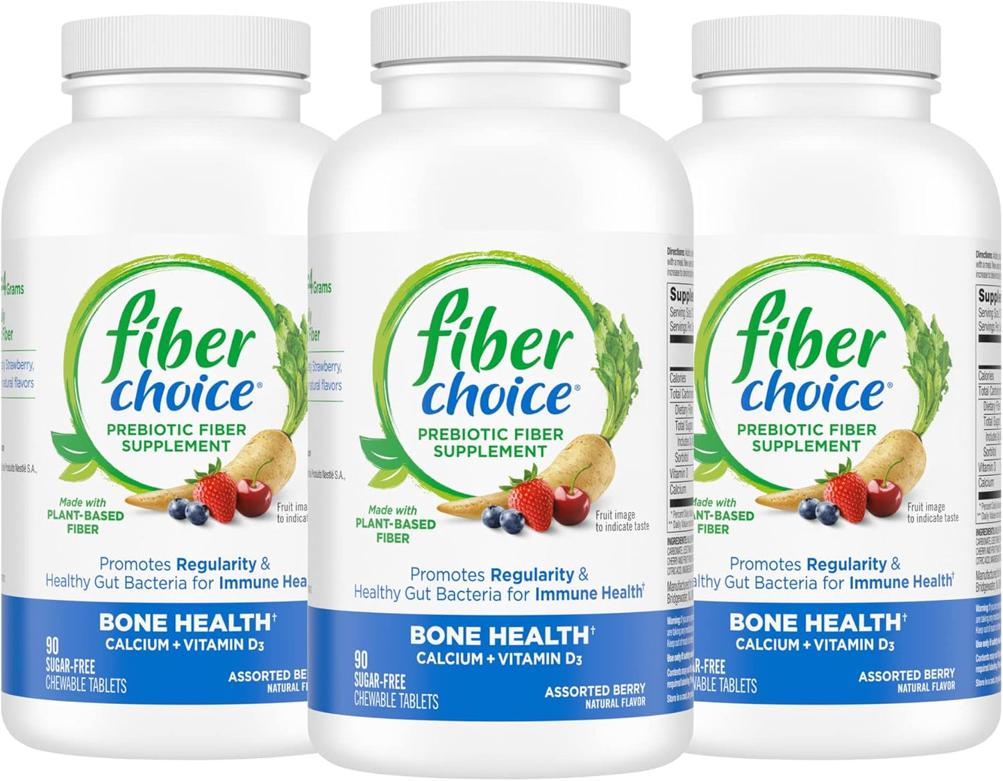 Pack of 270 Fiber Choice Bone Health Prebiotic Fiber Chewable Tablets with Calcium & Vitamin D, Assorted Berry - Daily Supplement