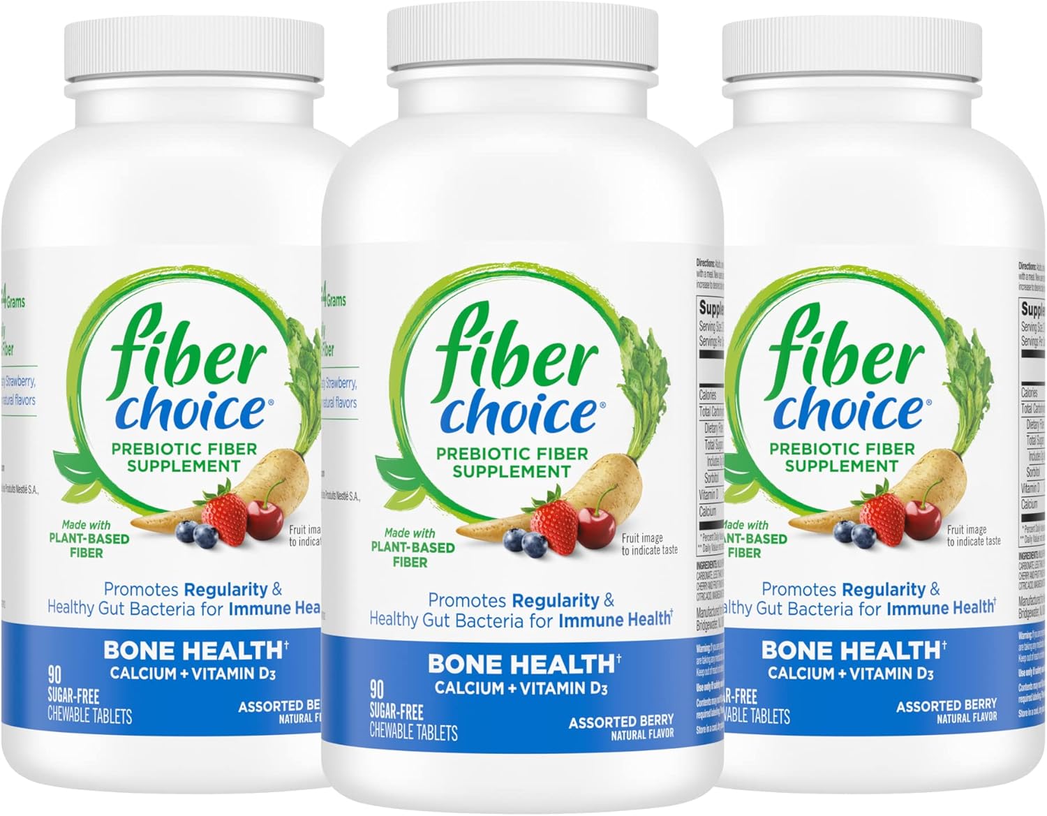 Pack of 270 Fiber Choice Bone Health Prebiotic Fiber Chewable Tablets with Calcium & Vitamin D, Assorted Berry - Daily Supplement